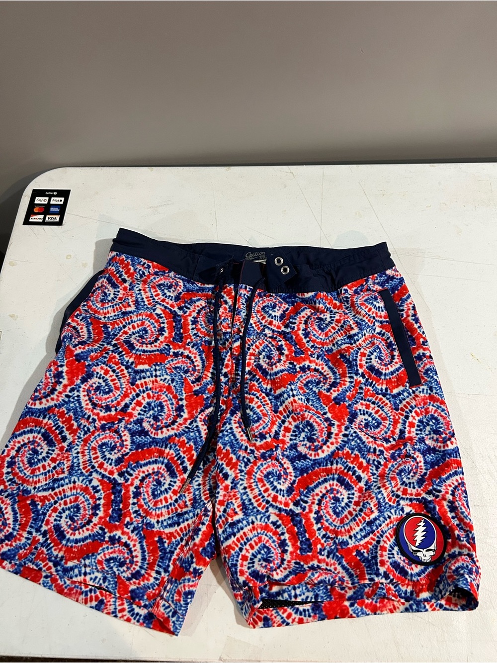 Men's Red & Blue Spiral Tie-Dye Swim Board Shorts Grateful Dead
